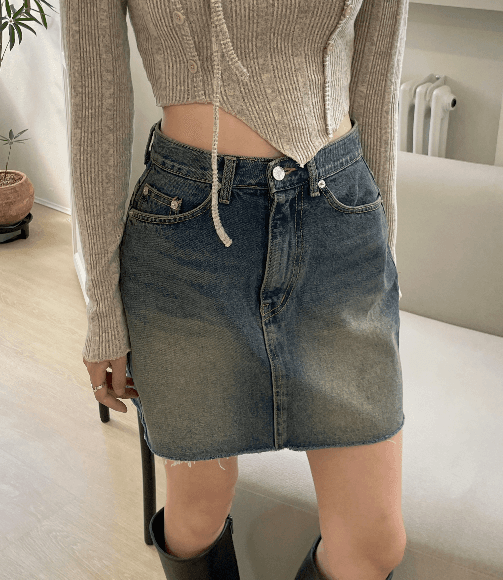브릿지 워싱 데님 스커트