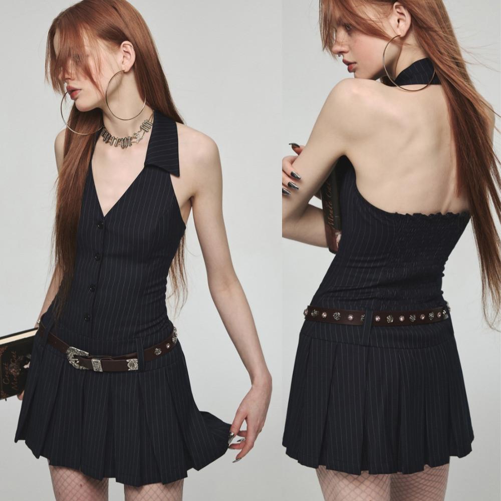 1JINN STUDIO 원진스튜디오 스트라이프 백리스 네이비 카라 원피스 프레피룩