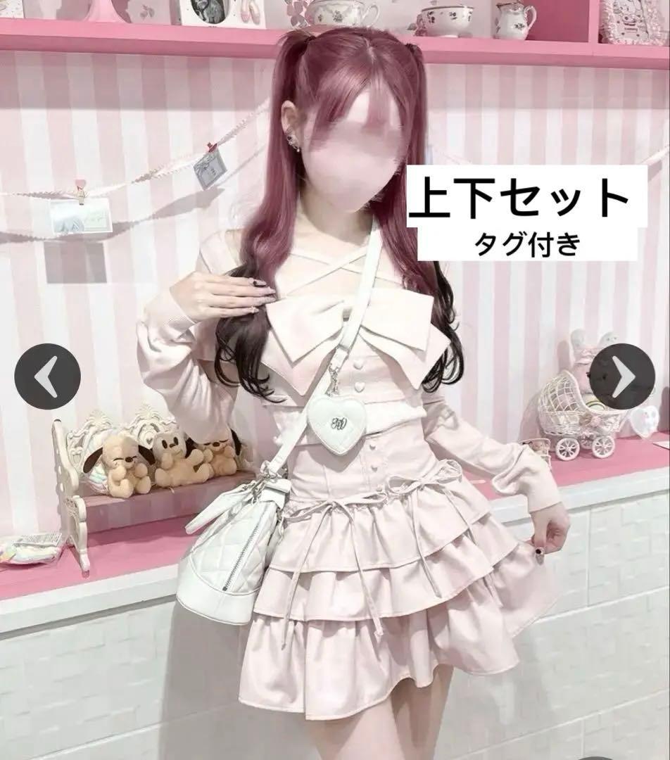 HONEYMEW ティアードフリルスカート ピンク&リボンアンサンブルトップス