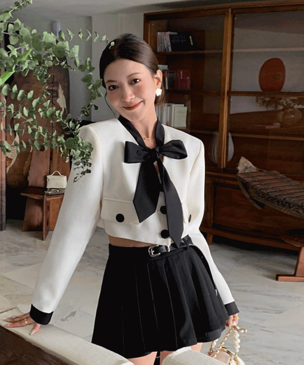 델리 리본타이 트위드 투피스세트  트위드 크롭 자켓 + 플리츠 팬츠 치마바지 결혼식하객룩 데이트룩 상견례 돌잔치 파티룩 하이틴룩