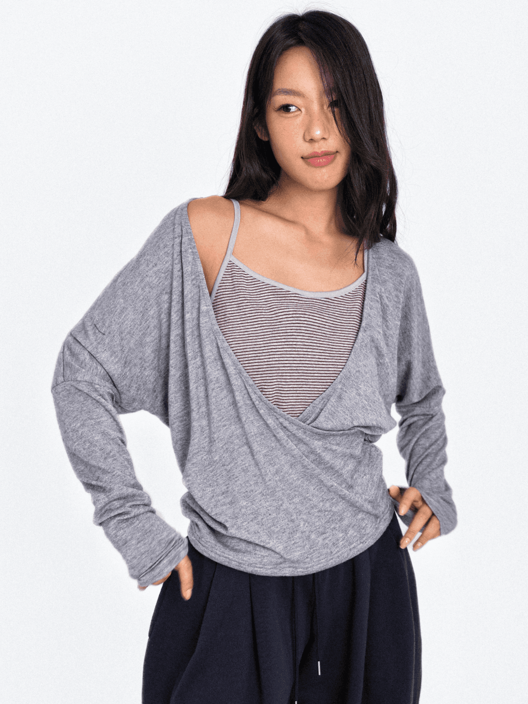 Stripe Layered Twisted Knit Top_Gray