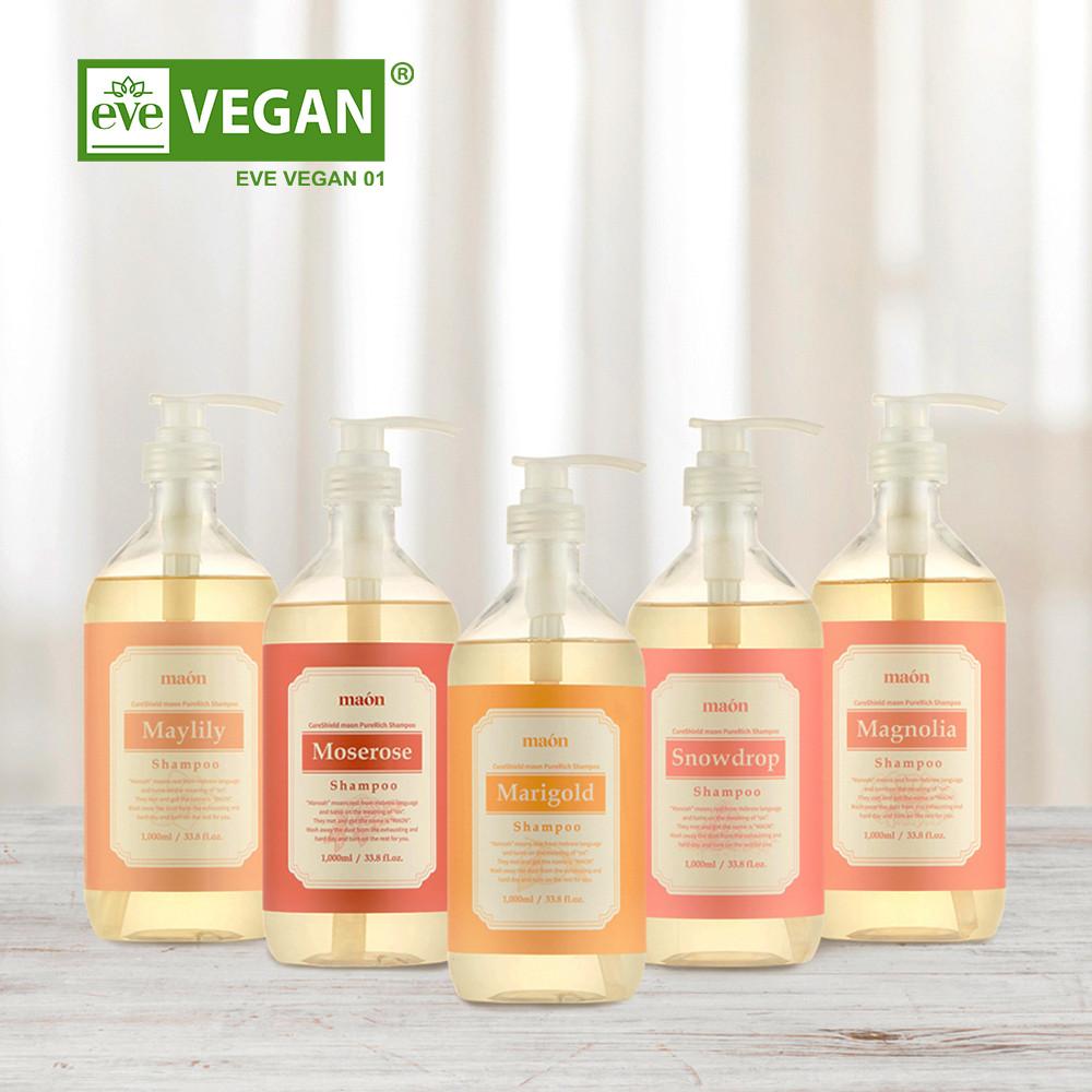 1+1 마온 퓨어리치 천연 비건 샴푸+트리트먼트 세트 대용량 (1000ml) 2종 천연계면활성제 약산성 설페이트없는 민감성 미용실 퍼퓸 샴푸