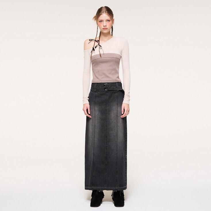 Wide Belt Long Denim Skirt, Black