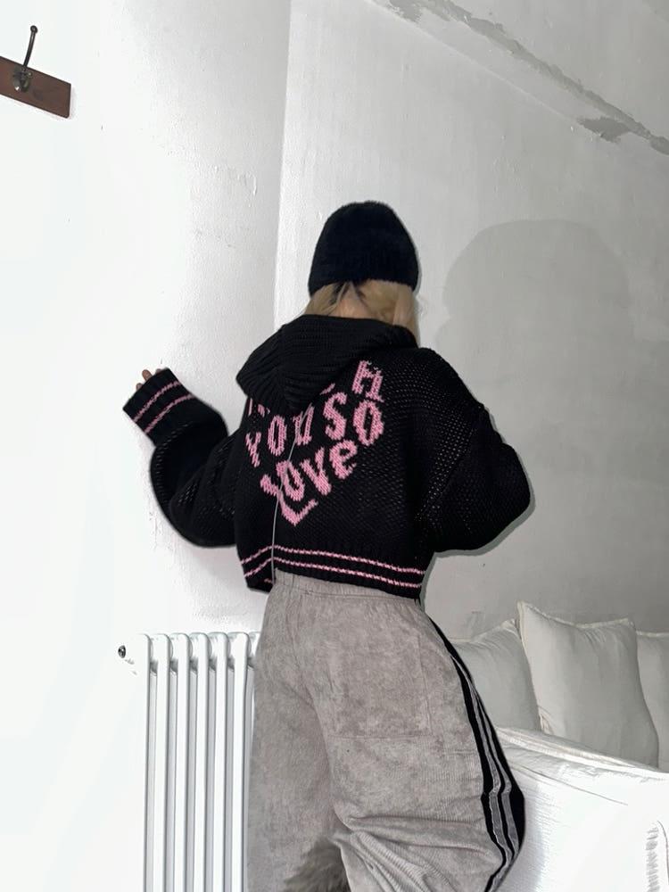 Love two-way crop hooded knit zip-up