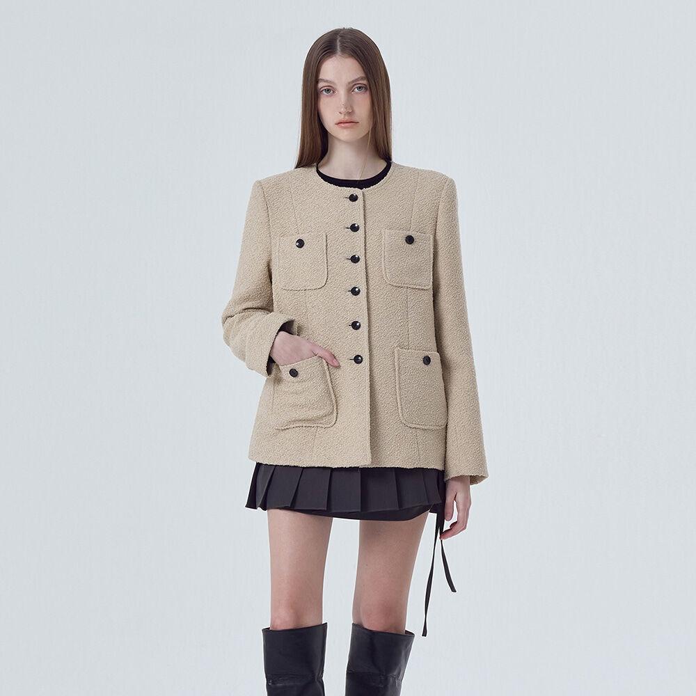 Pocket Boucle Tweed Jacket, Beige