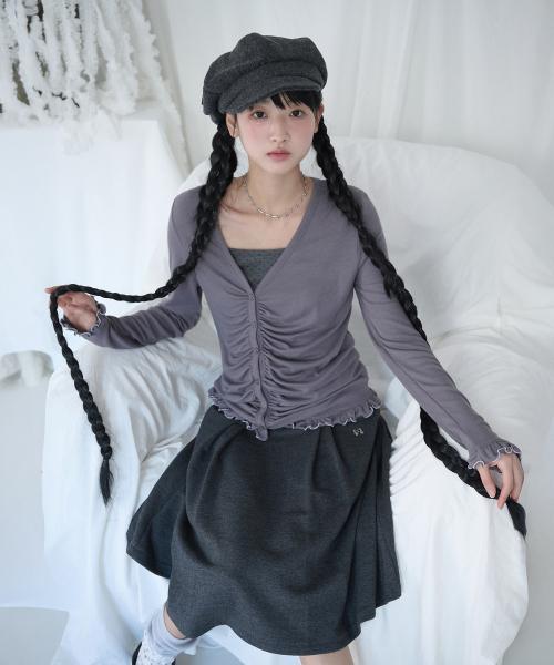 ASYMMETRIC SHIRRING LACE CARDIGAN SMOKE PURPLE