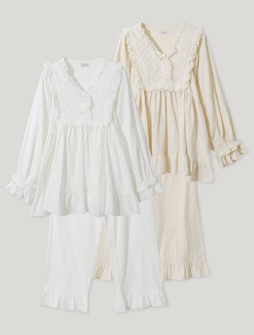 여성 다프네 코튼 브이넥 긴소매 투피스 잠옷(2C)