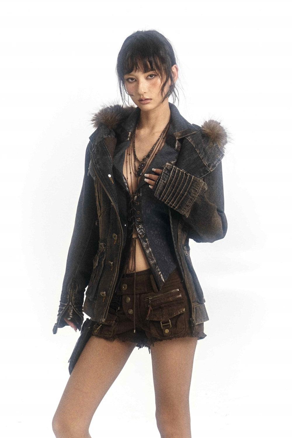 Dark Denim Military-Style Jacket with Fur Trim