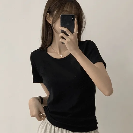 [1만장 돌파!/리뷰 굿🙊] 가장 베이직한 여름 반팔티, 슬라임 라운드 무지 세미 크롭 반팔 티셔츠 5color