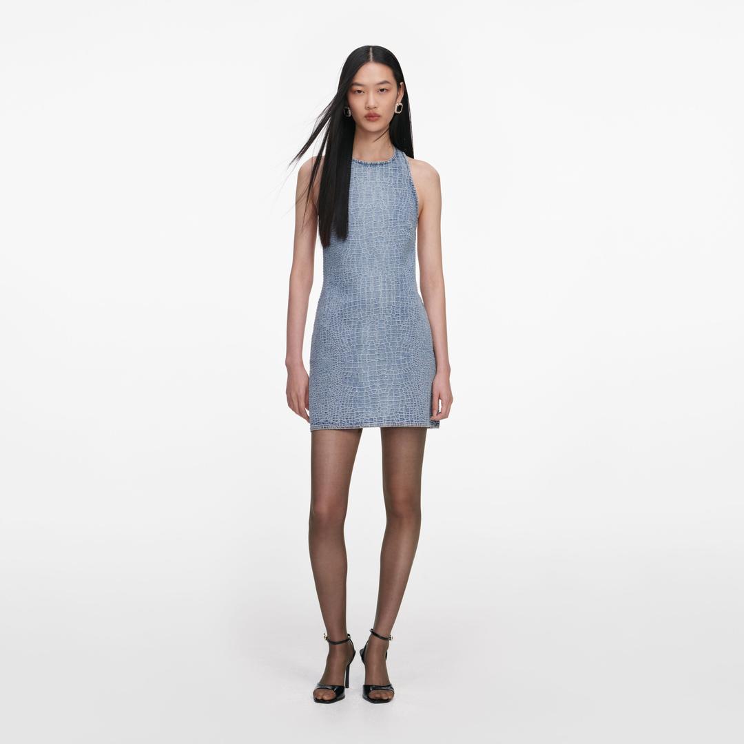 Rhinestone Croc Effect Denim Mini Dress - UK 4