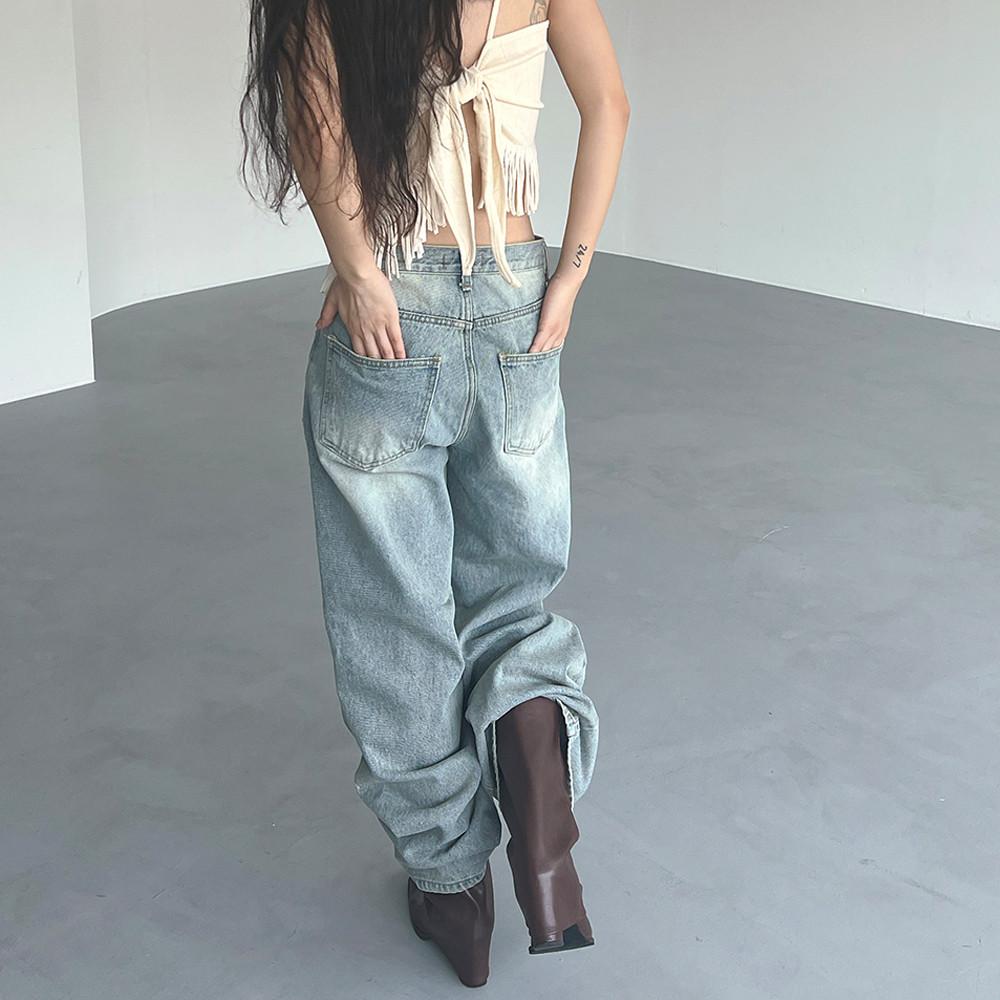 빈티지 워싱 다트 데님 팬츠 여성 세미와이드 청바지 보헤미안 유니크룩 사계절