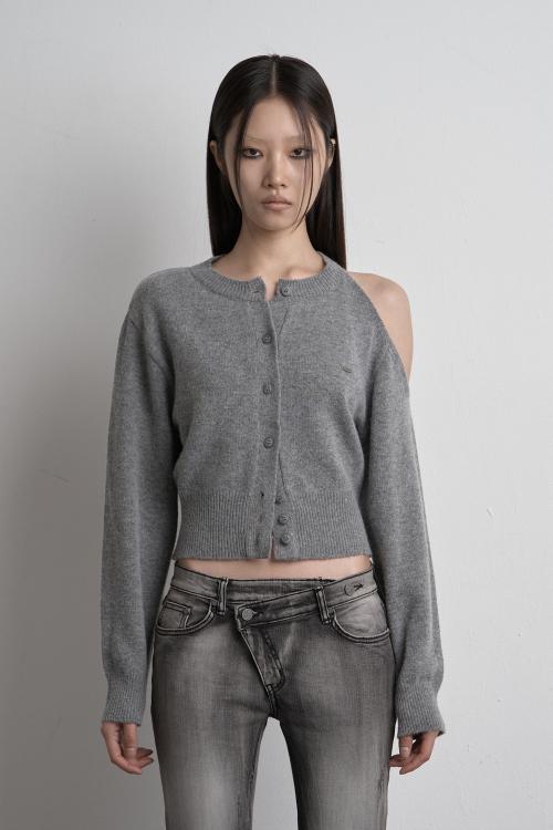SHOULDER SLIT KNIT CARDIGAN GRAY