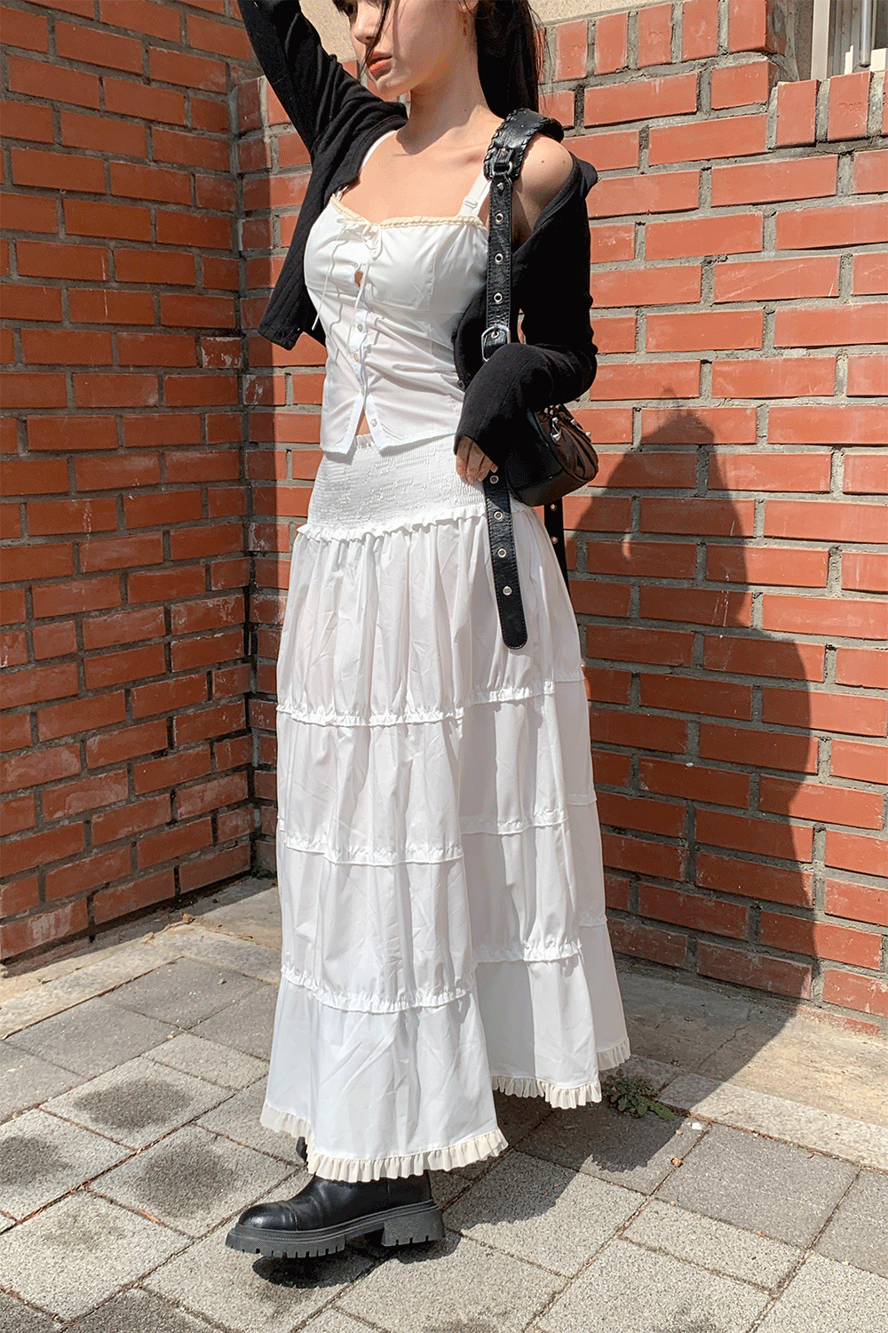 [SET] bird sleeveless top&cancan long skirt