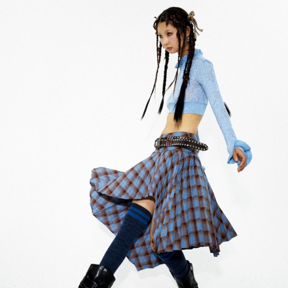 YOSHUYUKI 체크 언발 스커트 앞트임 플리츠 미디 치마