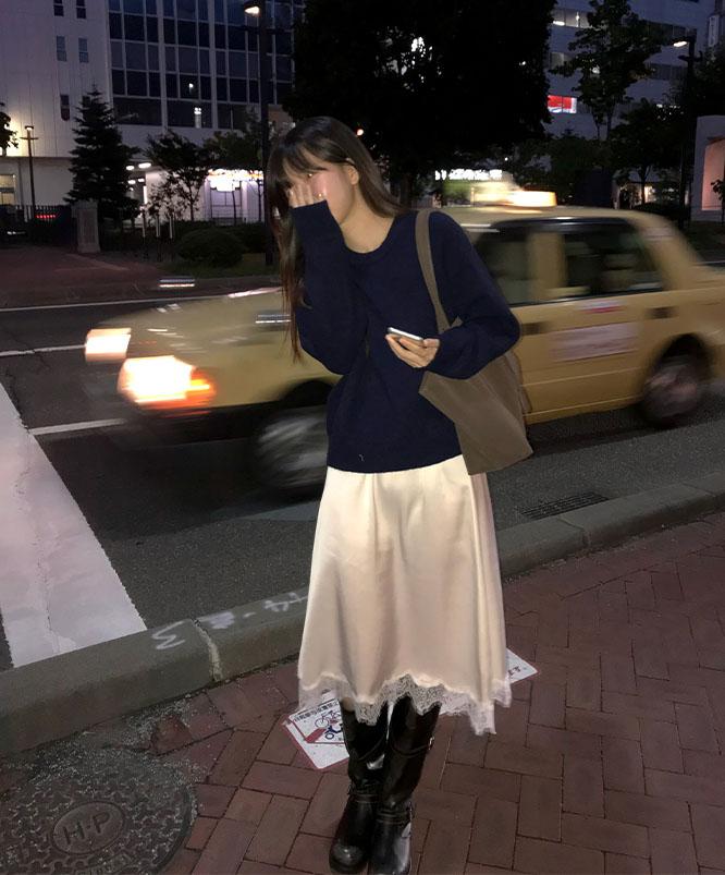 니어웨어 토페 레이스 미디 스커트 (3color) /레이스스커트/밴딩치마/밴딩스커트/실크/새틴스커트