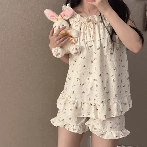 [당일출고] 큐티 플라워 러플 민소매 아이보리 파자마 잠옷 세트