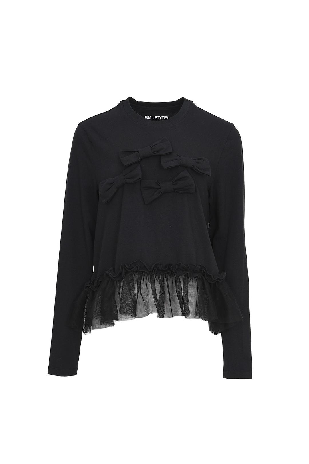 리본 디테일 샤원단 프릴 티셔츠 블랙