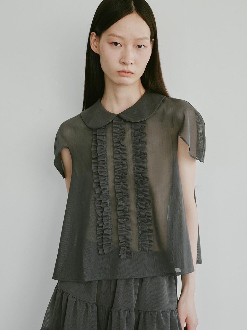 [PLZPROJECT]SEETHROUGH FRILL BLOUSE, CHARCOAL