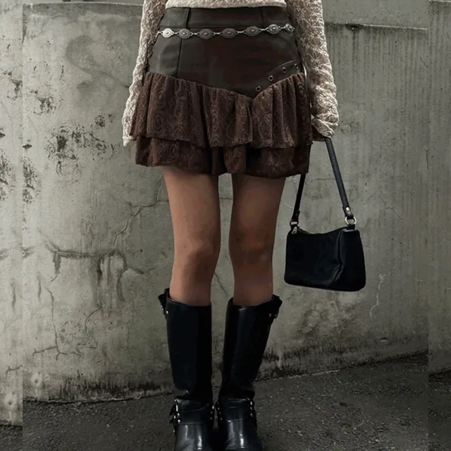 [빠른출발/2SIZE/단독진행🍀] 레이스 레더 미니스커트