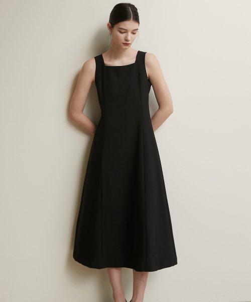 스퀘어 넥 리본 벨트 롱 뷔스티에 원피스 베이직 블랙