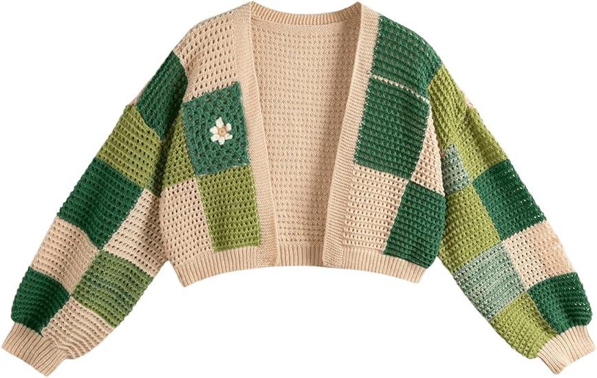 MakeMeChic Women's Plus Size Crochet Floral Lantern Sleeve Open Front Drop Shoulder Cropped Cardigan Sweater