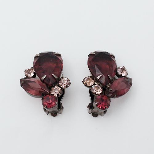 1960년대 건메탈 퍼플 스톤 오픈백 클립이어링