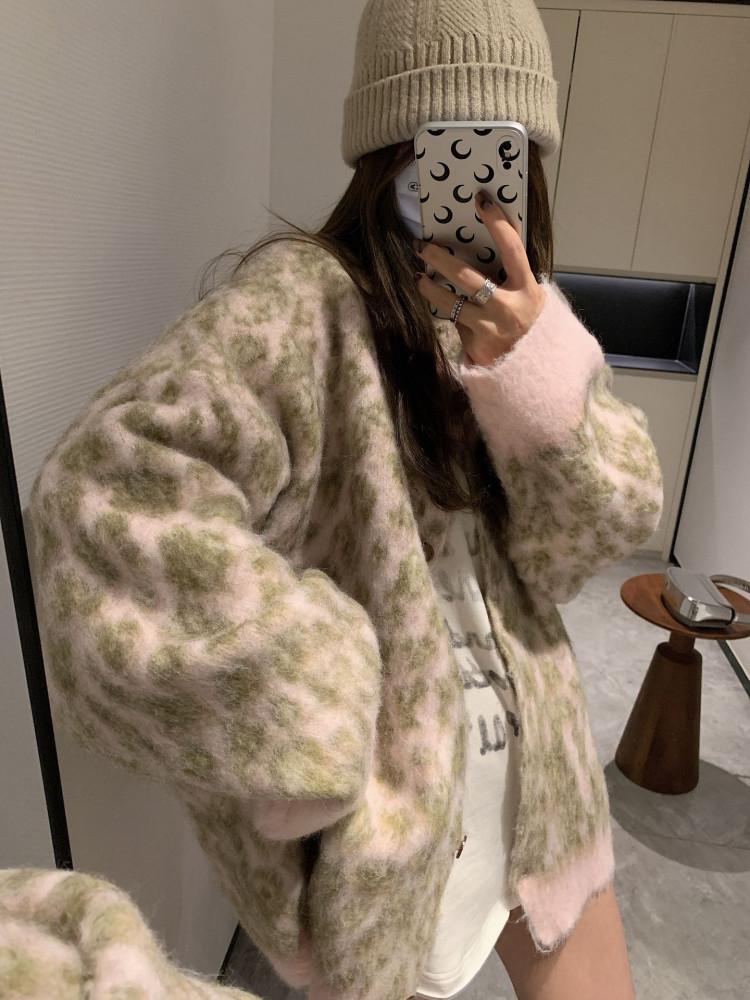 자카드 레오파드 가디건 울 롱 가디건 기모 호피 가디건