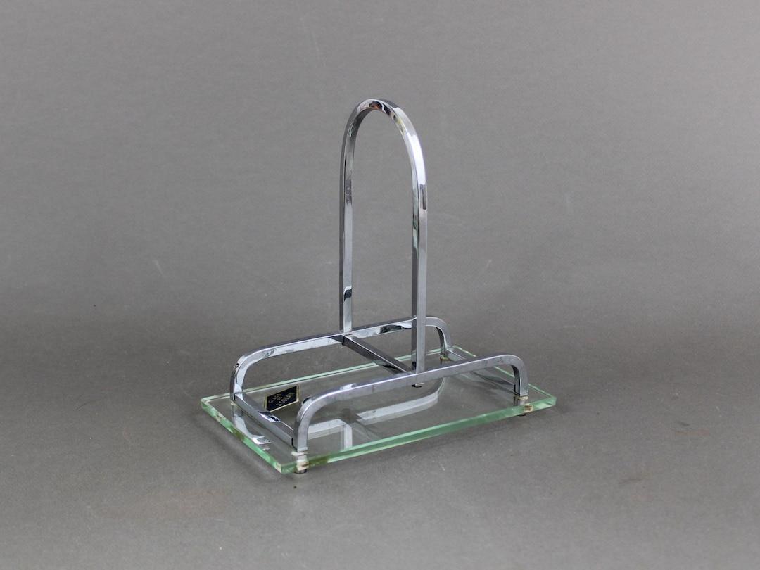 French Art Deco condiment holder, Antique 1930s, Saint Gobain glass & chrome stand