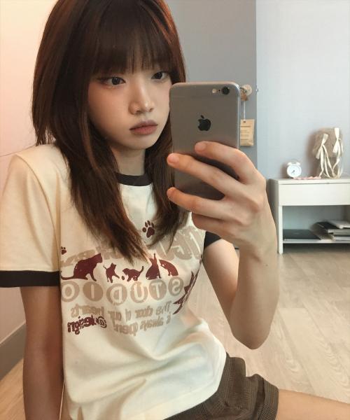 고양이 모이다 링거 티셔츠 [크림]