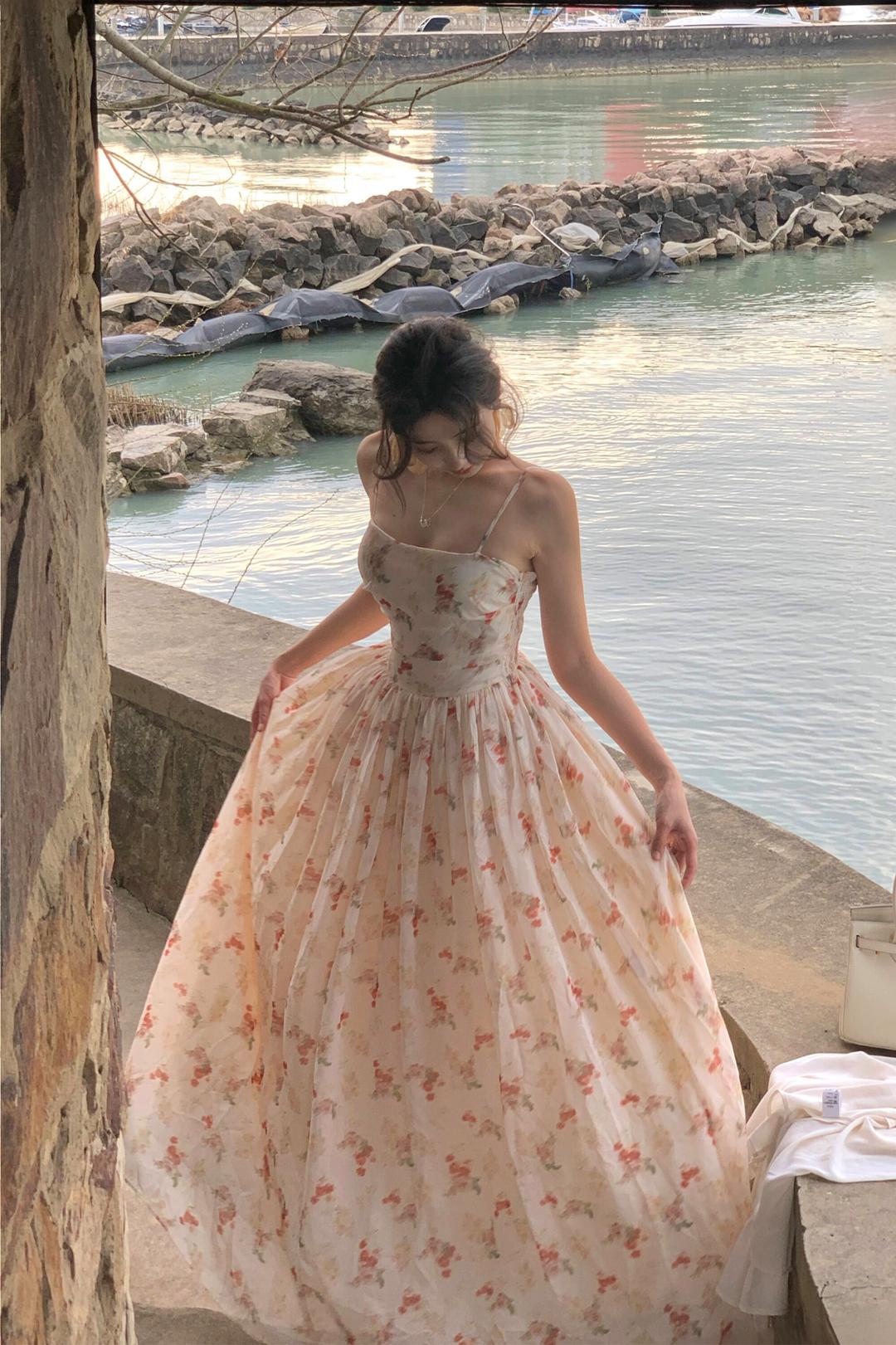 아니스 플라워 글리터 쉬폰 롱 원피스