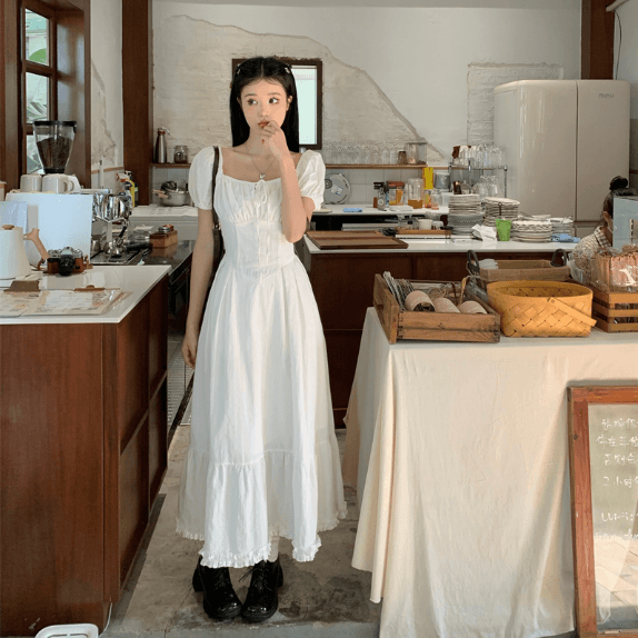 [가을신상/데이트룩] 화이트 퍼프롱원피스 스퀘어넥 허리 슬림 청순 A라인 여신원피스 프릴 공주드레스 맥시롱드레스 *브샤,브라이덜샤워,여친룩,소개팅룩,가을옷20대30대