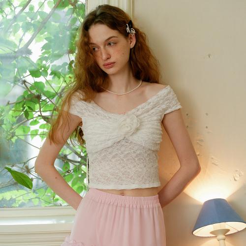 Cest_Lace off-shoulder cropped top
