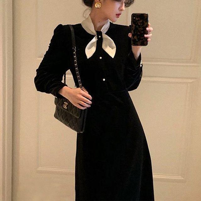 [고퀄리티/연말룩추천/하객룩] 소프트 벨벳 리본타이 롱원피스 - 1 Color