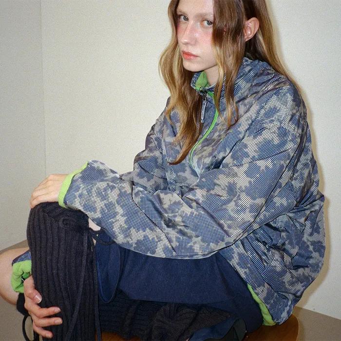 Flower Check Reversible Fleece Jacket - Green/Blue