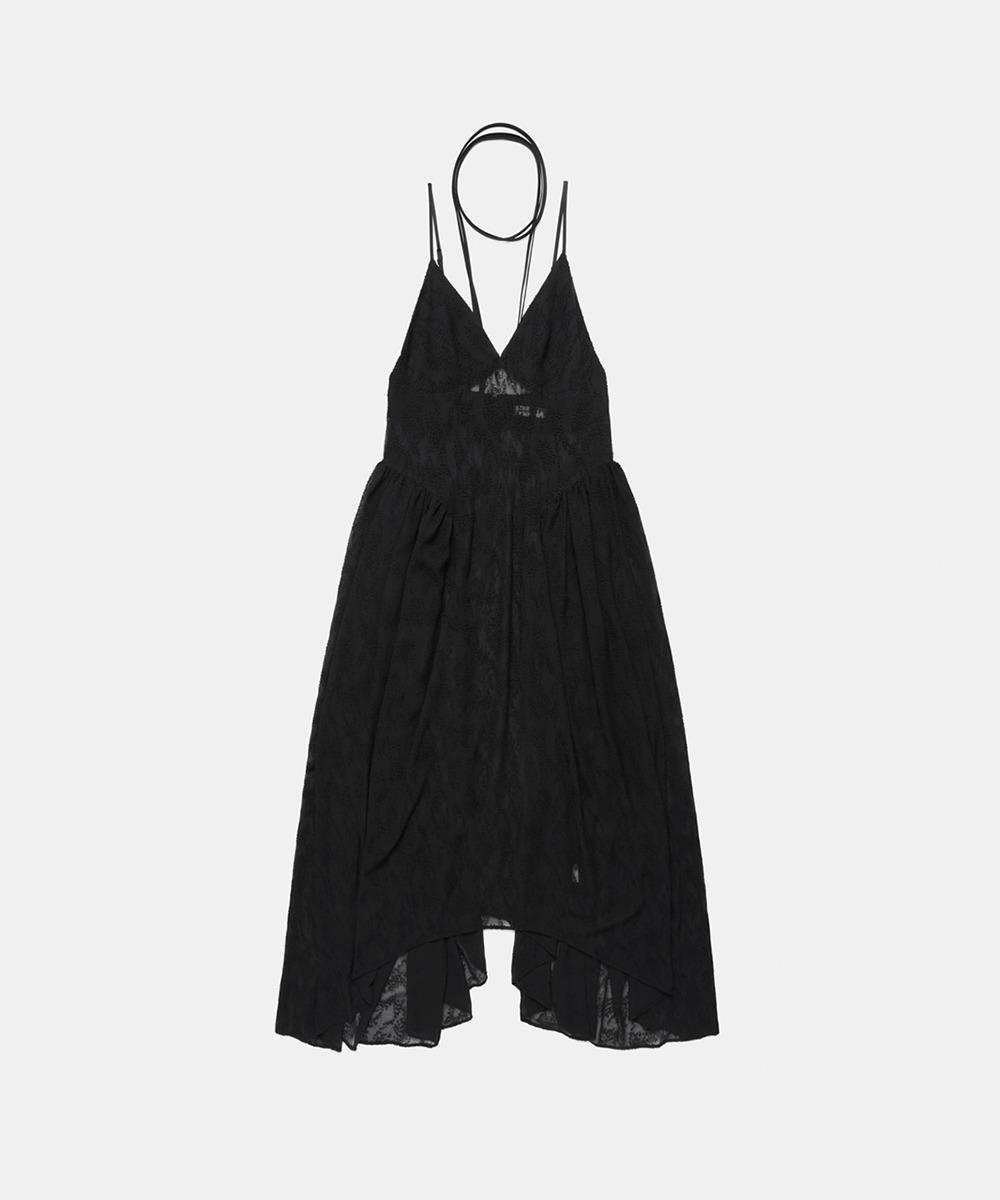 SHEER MIDI DRESS WITH NECK STRAP TIE- BLACK