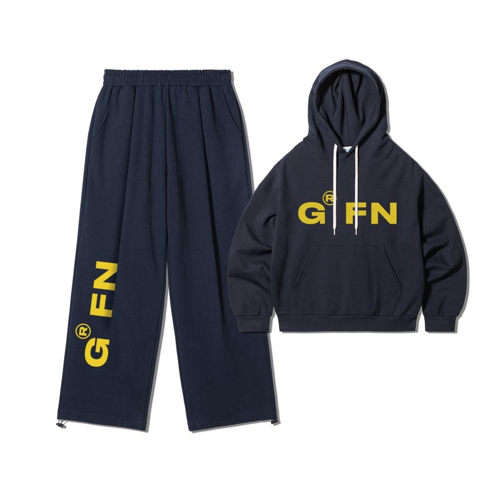 오버핏 볼드 로고 후디 + 원턱 스트링 트레이닝 팬츠 셋업- 네이비