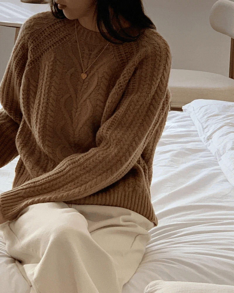 [merci] 메리노울 100% 케이블 트 ( 베이지 )