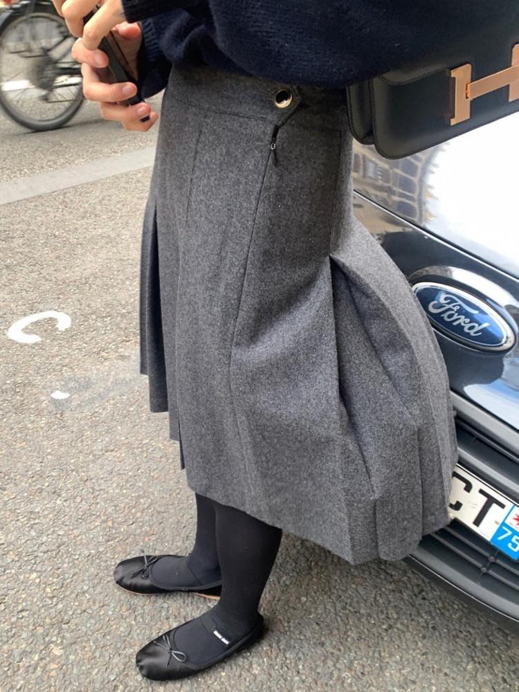 Underson 언더슨 볼드 플리츠 스커트 울 40 미디 차콜 블랙 S M 2color