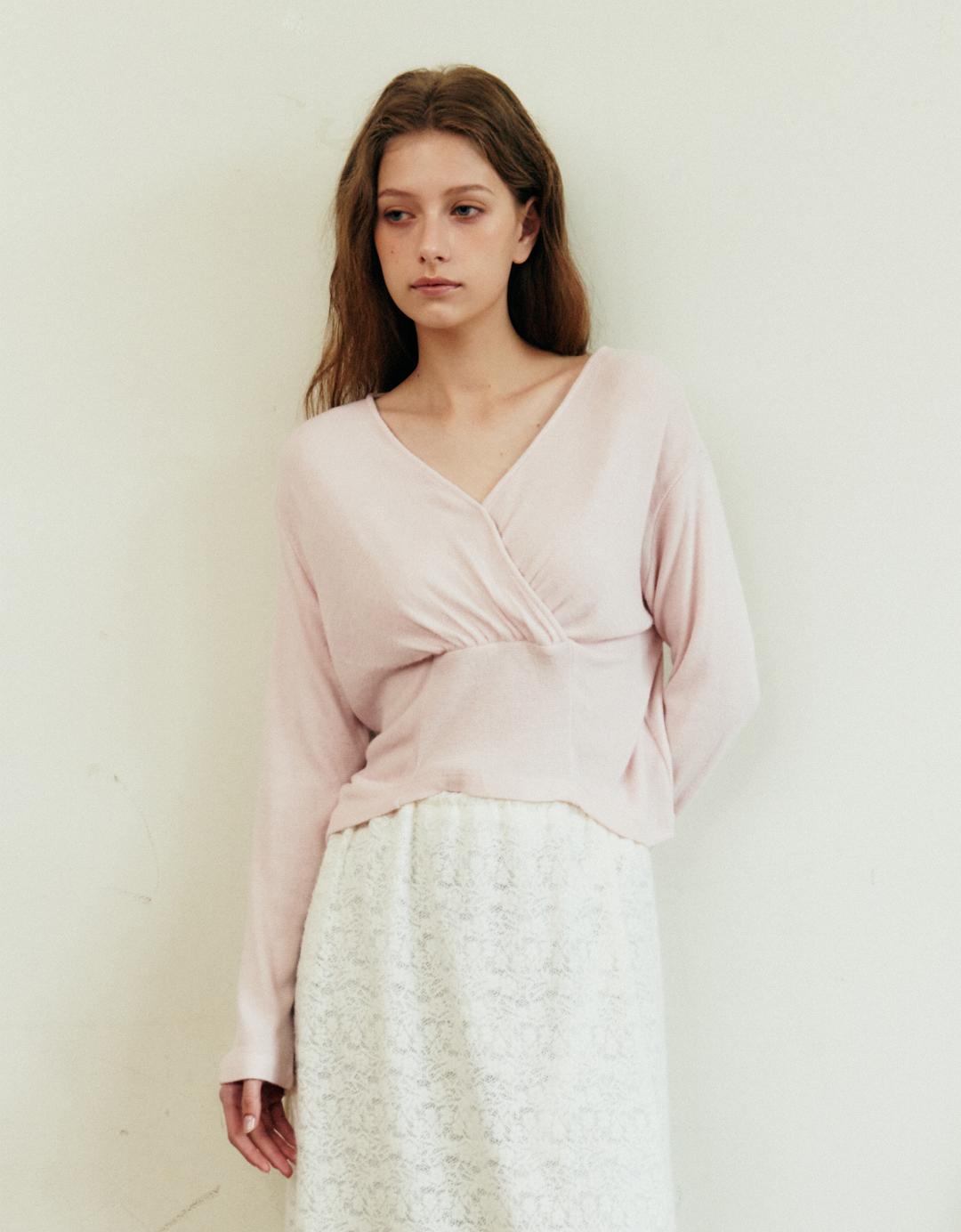 V-Neck Shirring T-Shirt (Pink)