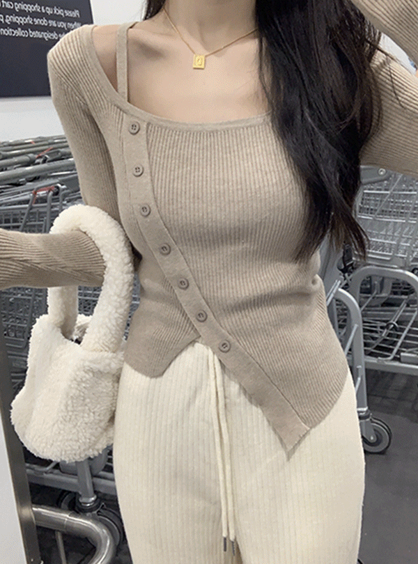 어깨 끈 포인트 언발 골지 니트