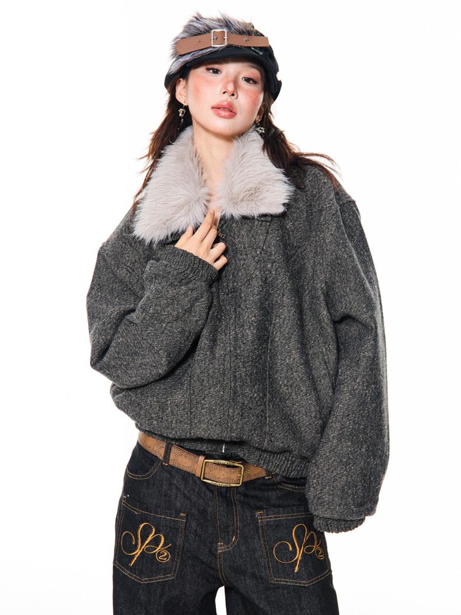 YOUNG STAGE Tweed Fur Collar Jacket