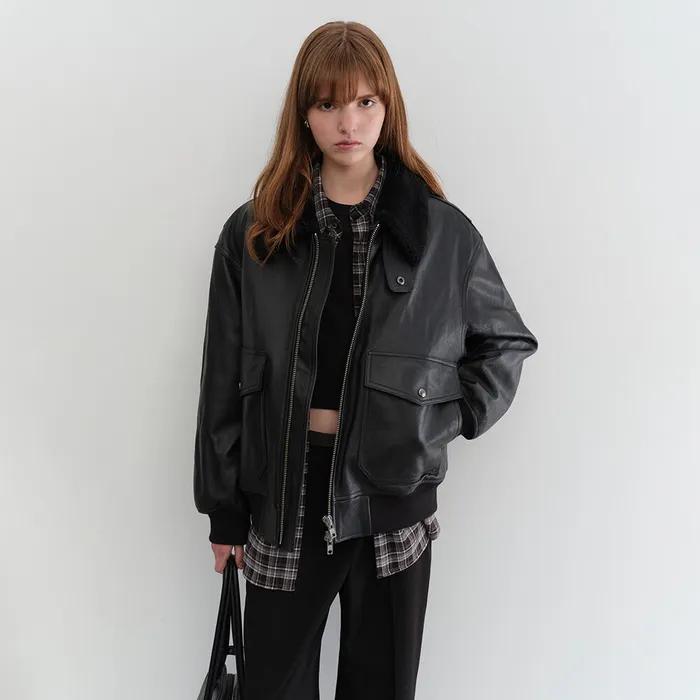 UNISEX A-2 SHEARLING COLLARED LEATHER JACKET BLACK_UDJU5C102BK