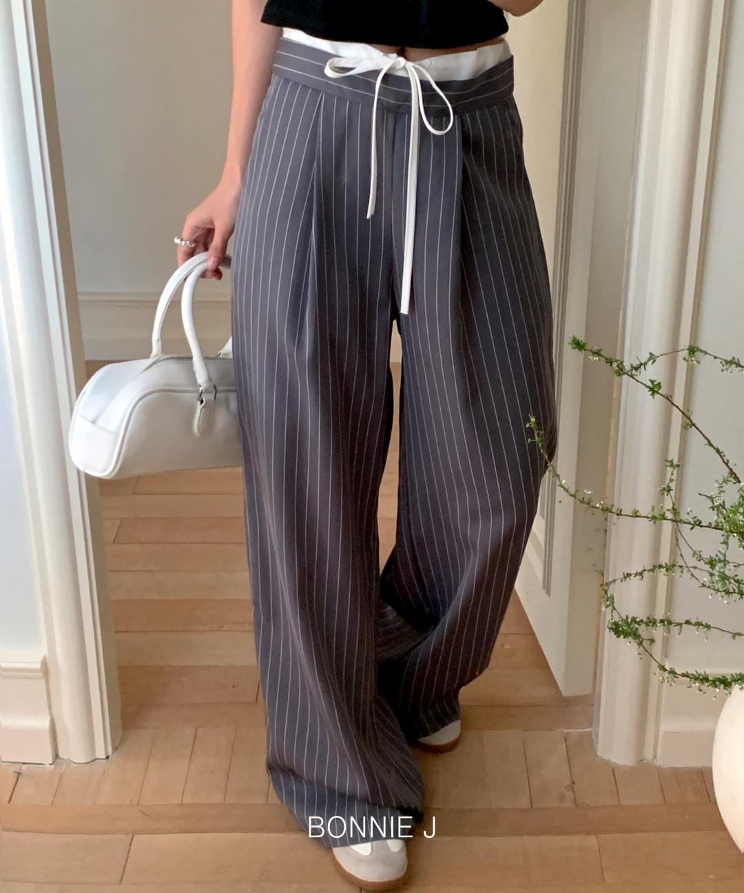 보니제이 핀턱 스트라이프 페이크 레이어드 슬랙스 팬츠