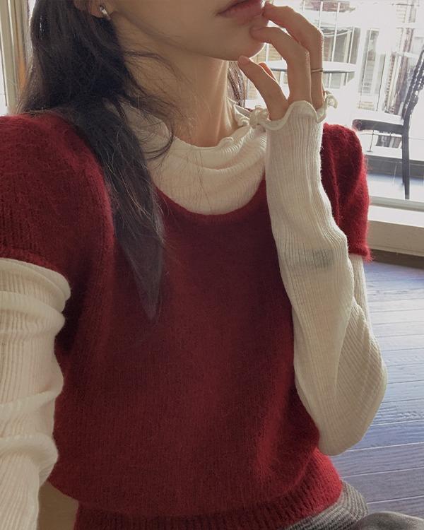 (앙고라20%) 아베트 유넥 퍼프 반팔 니트