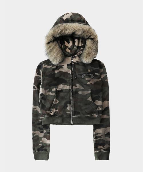 코스모11 디태쳐블 퍼 후드 집업 - 그린카모