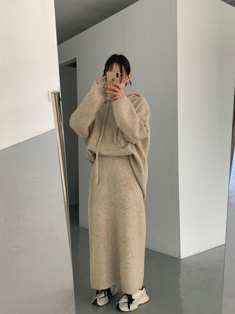 니트 스커트 후드 셋업