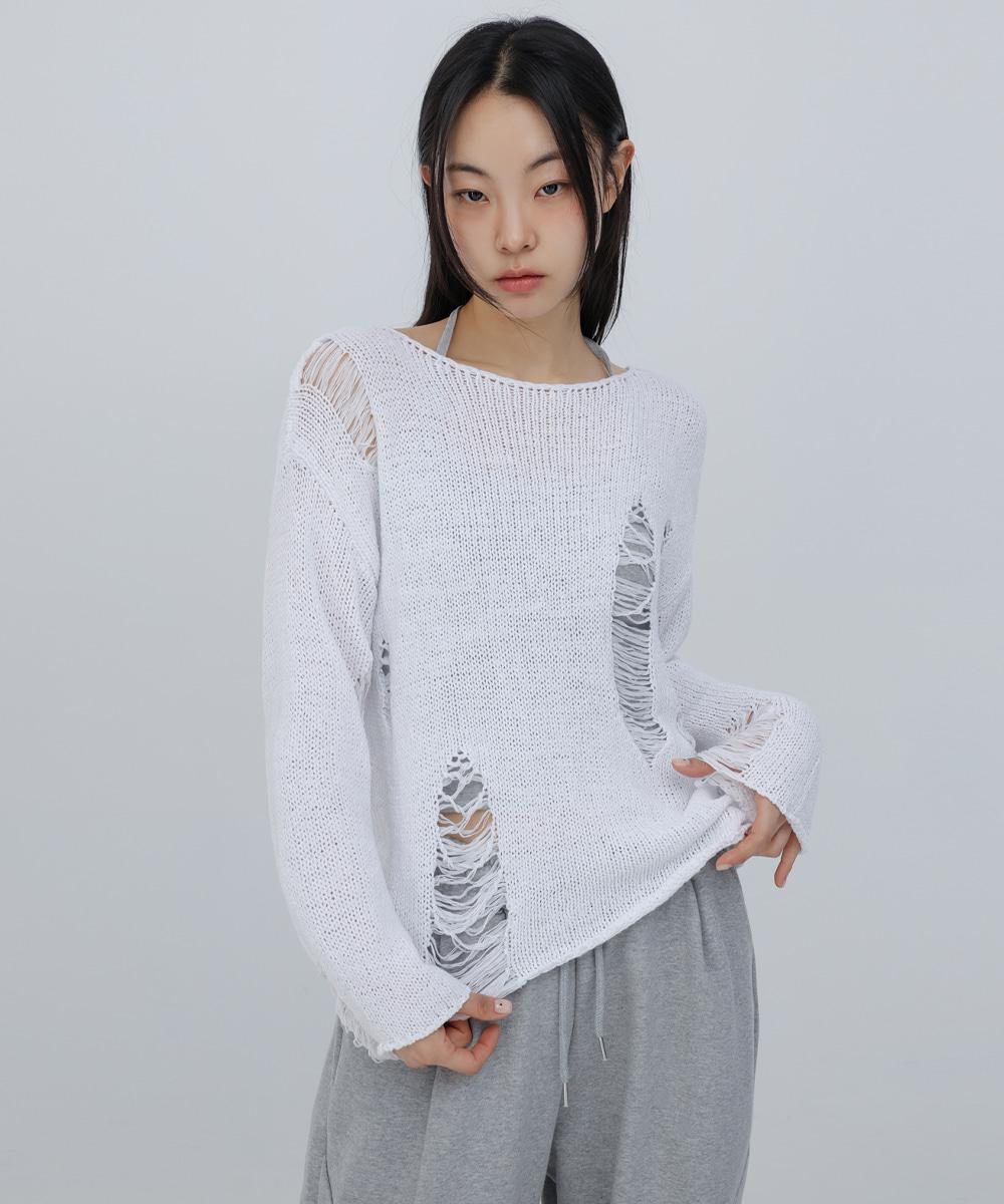 러프 데미지 니트 화이트