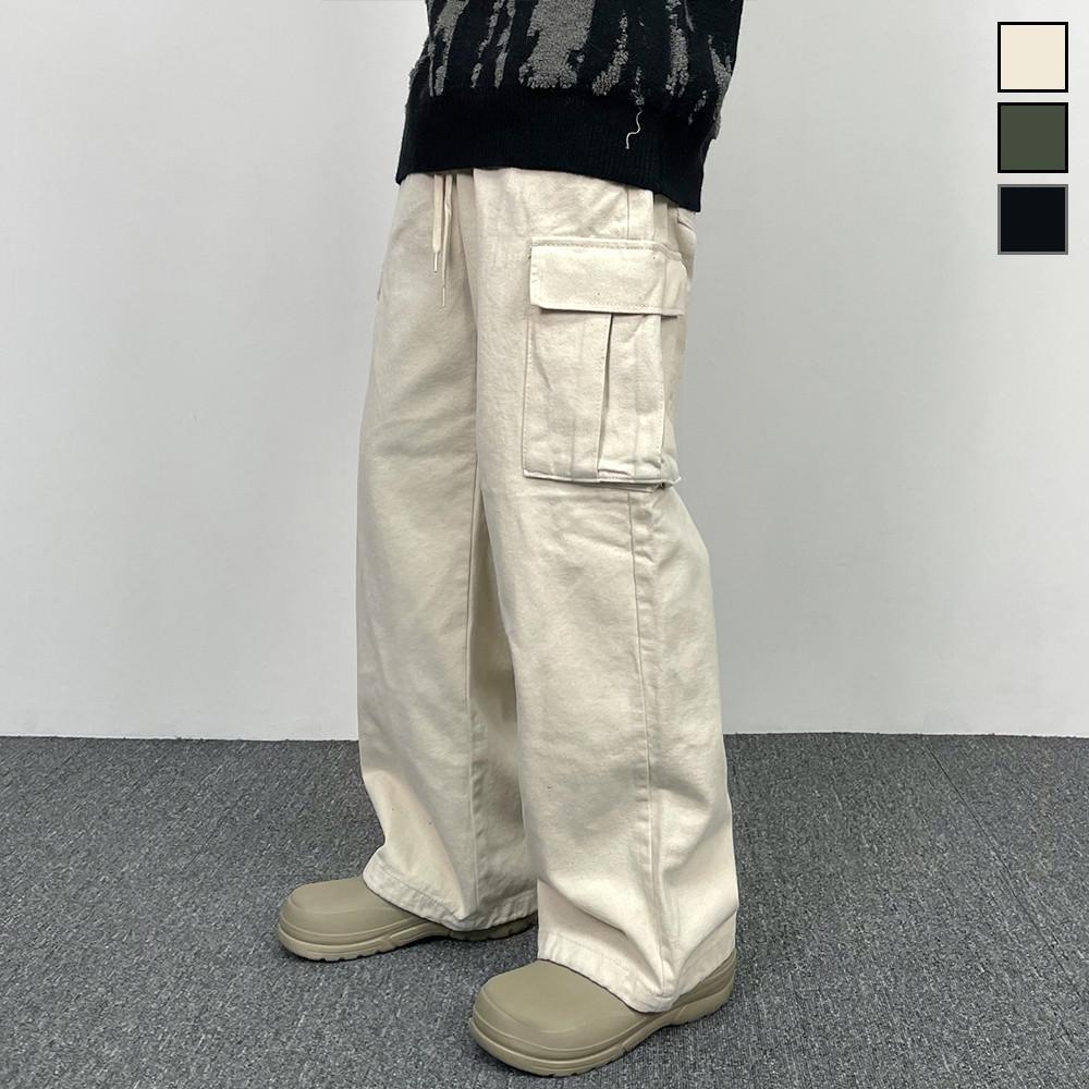 피치 코튼 카고 팬츠 와이드 밴딩 스트링 기모 바지 3color