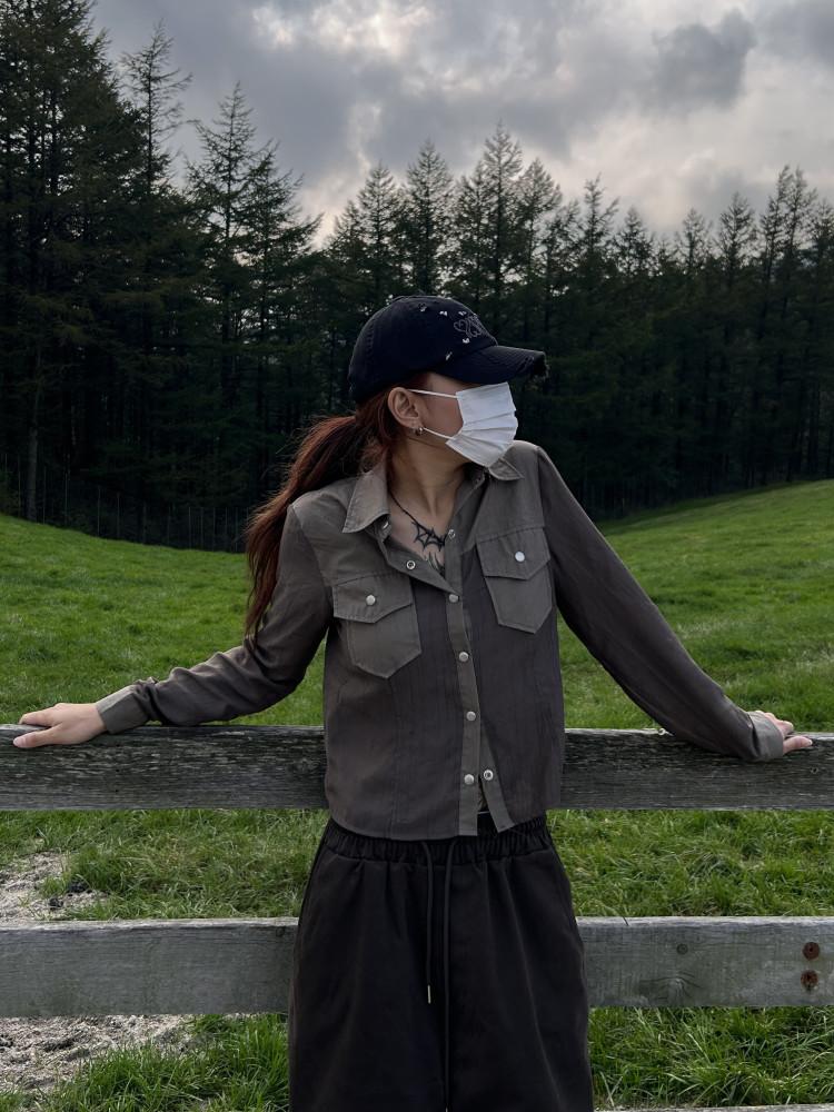 크롭 배색 포켓 타르 셔츠