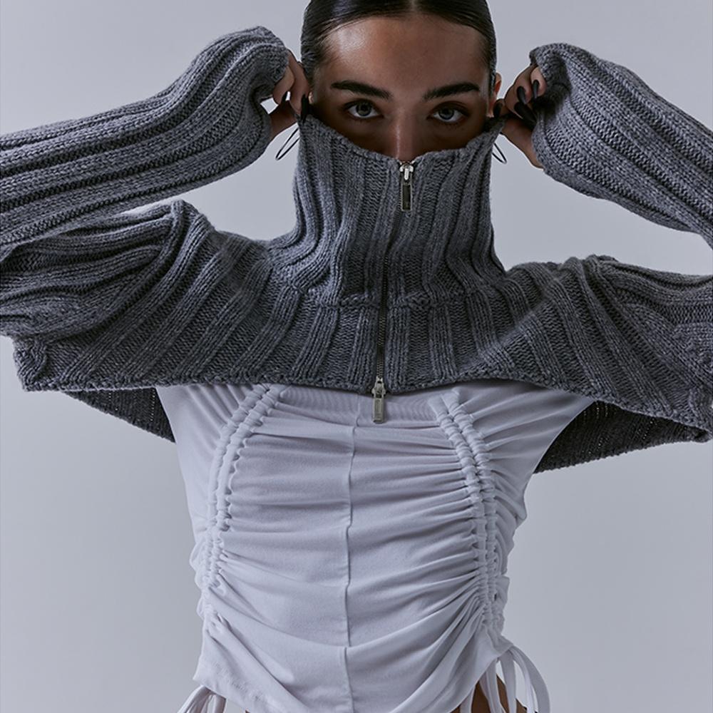 High-neck Bolero Knit Zip-up [ Grey ]